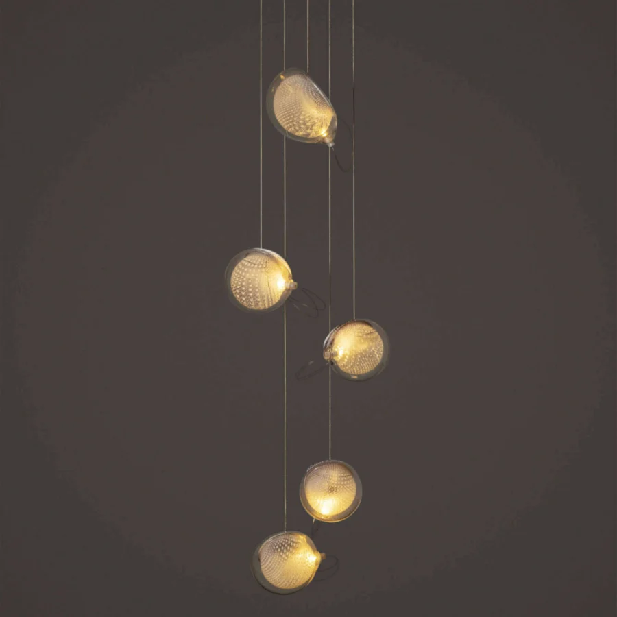 Superior Bocci 76 Random suspension lamp with individually blown glass and copper mesh spheres in a brushed nickel finish