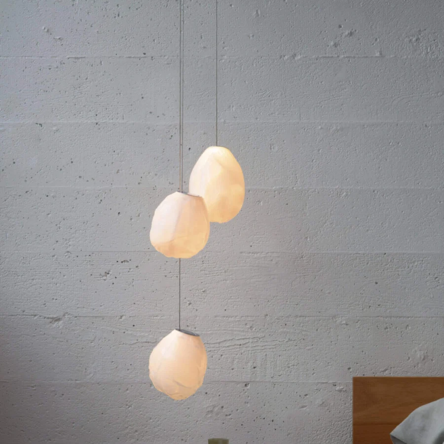 Elegant Bocci 73V suspension lamp with organically shaped diffusers and milky white glass crafted with a braided metal coaxial cable