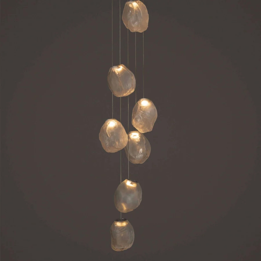 Elegant Bocci 73V suspension lamp with uniquely molded glass pendants and braided metal coaxial cable