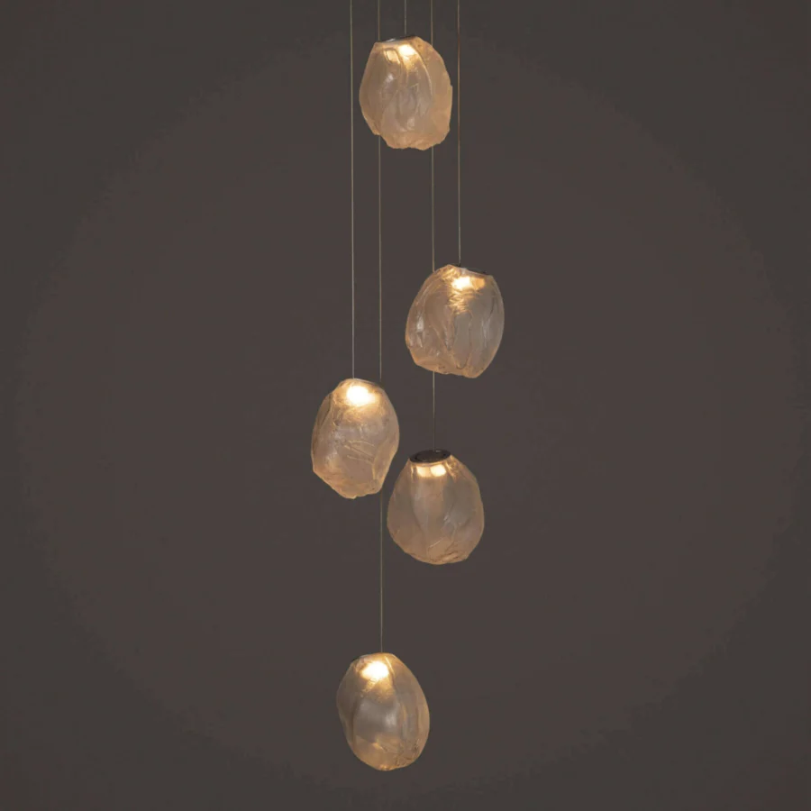 Distinguished Bocci 73V suspension lamp with uniquely textured glass and braided metal coaxial cable in brushed nickel