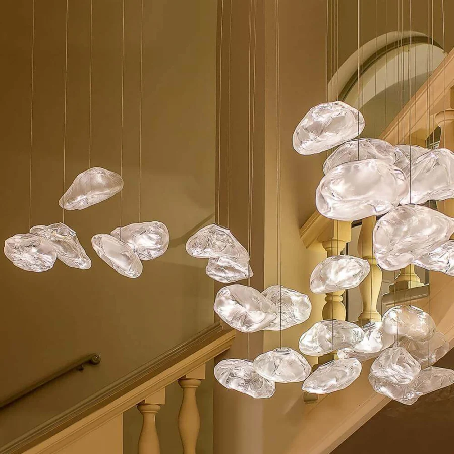 Captivating Bocci 73 suspension lamp with clusters of hand-blown clear glass pendants creating a dynamic composition