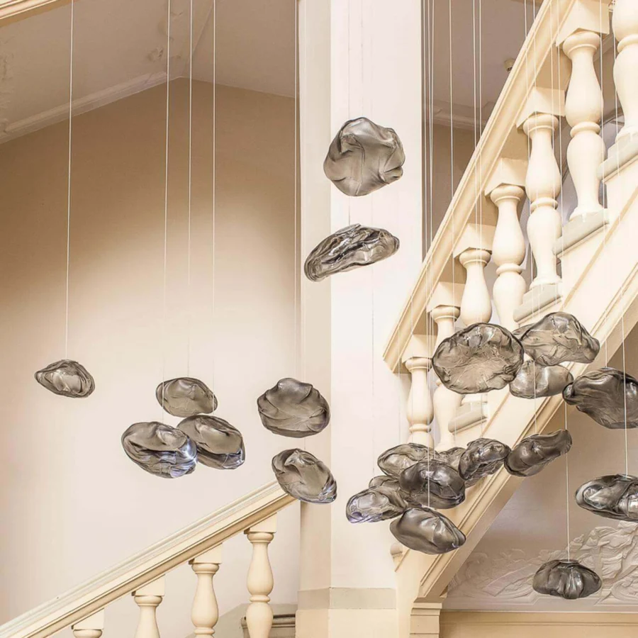 Superior Bocci 73 suspension lamp with smoky grey hand-blown glass pendants diffusing light in organic forms