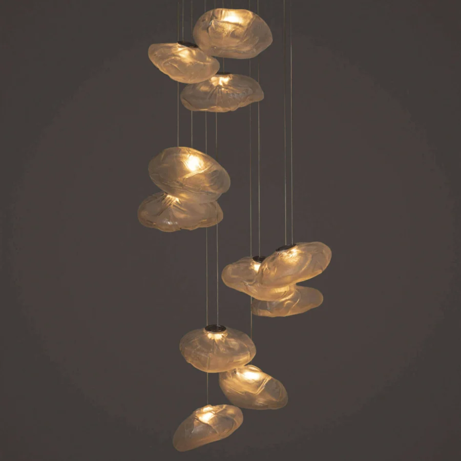 Captivating Bocci 73 suspension lamp with hand-blown glass shades nestled within folded ceramic vessels and dark cables