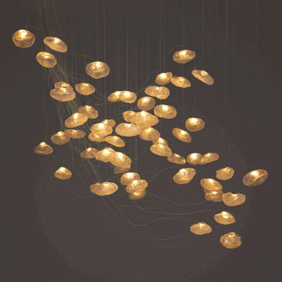 Superior Bocci 73 sculptural cable suspension lamp with warm golden amber blown glass and brushed nickel canopy
