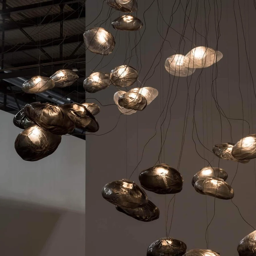 Captivating Bocci 73 sculptural lamp with amorphous clear glass pendants and brushed nickel canopy