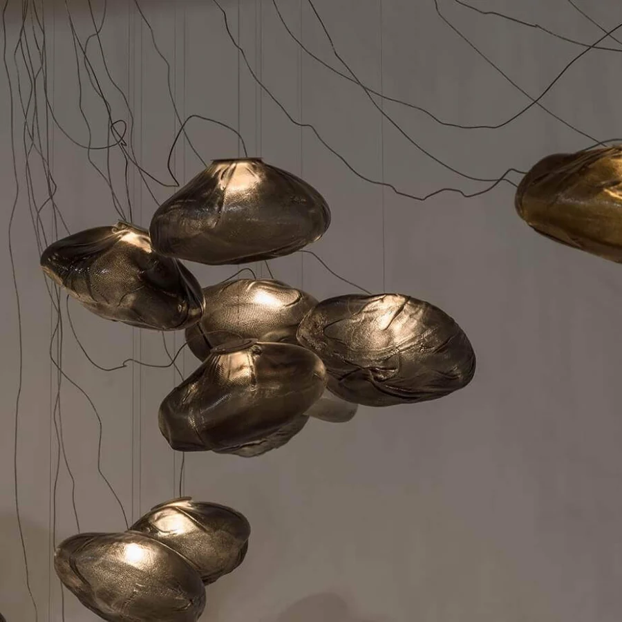 Distinguished Bocci 73 sculptural lamp with wrinkled metallic glass and braided coaxial cable in brushed nickel finish