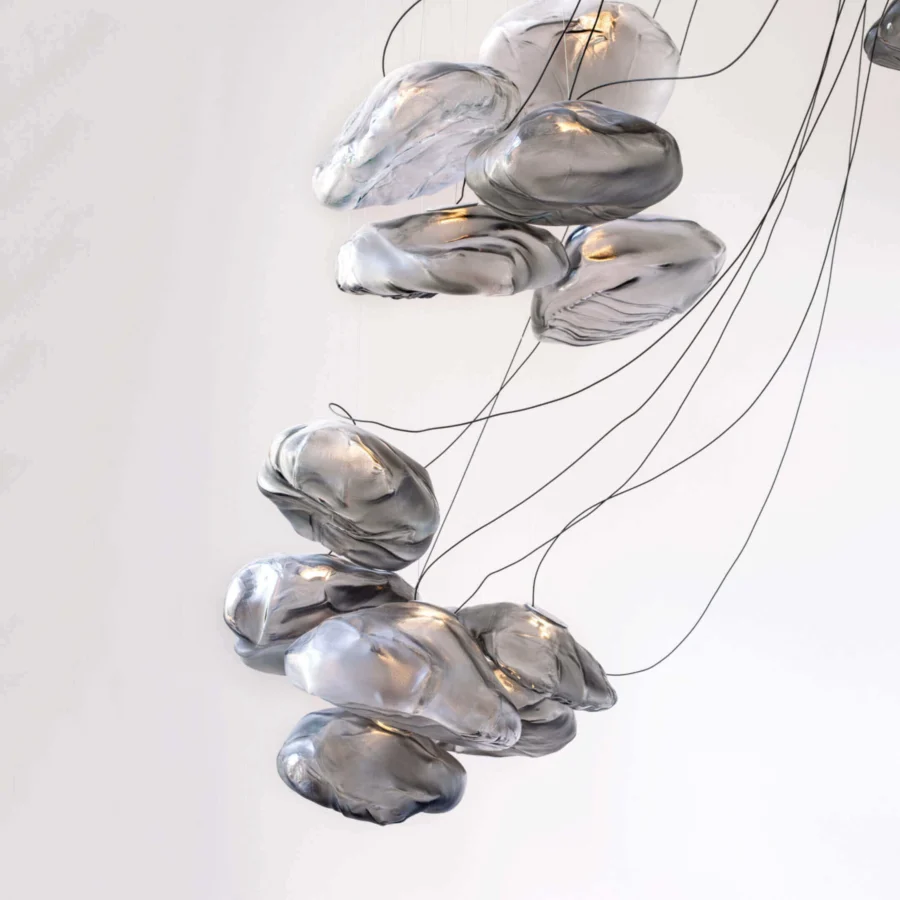 Superior Bocci 73 sculptural cable suspension lamp with translucent glass shades and brushed nickel canopy
