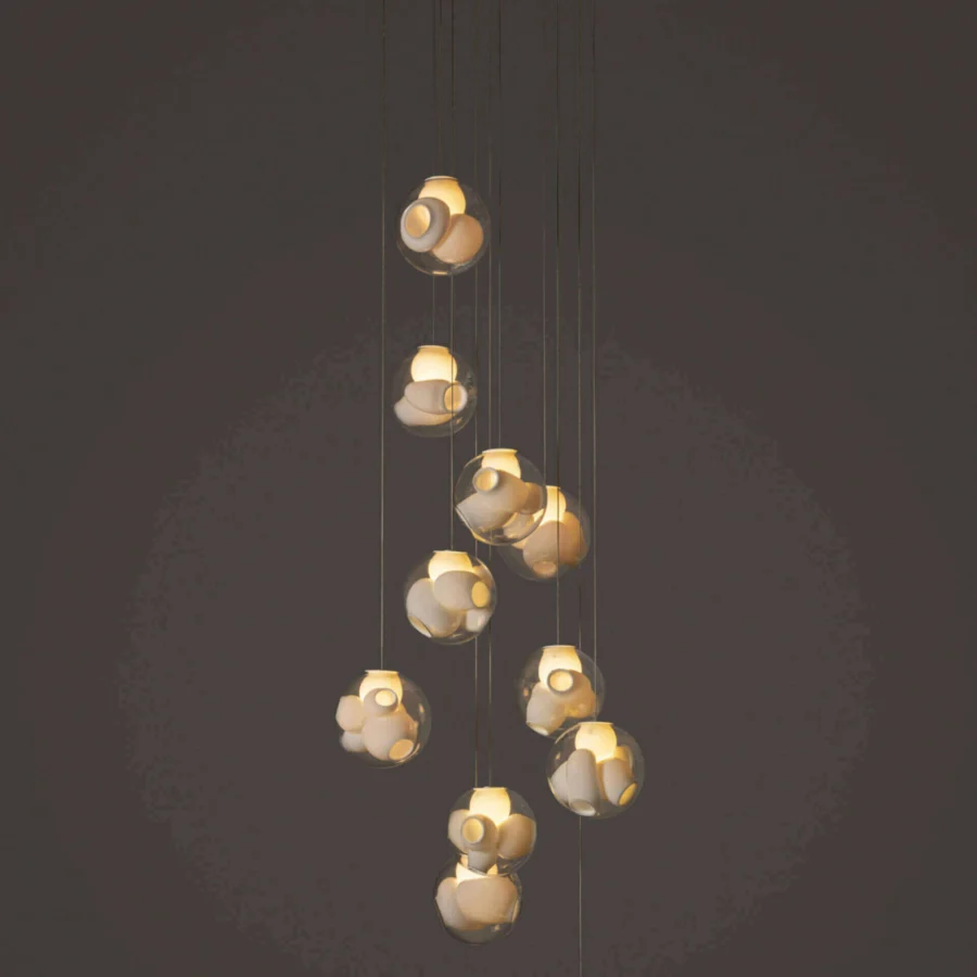 Superior Bocci 38V Suspension Lamp lighting crafted with clear glass exterior spheres and milk white interior lamp holder cavities with glossy finish