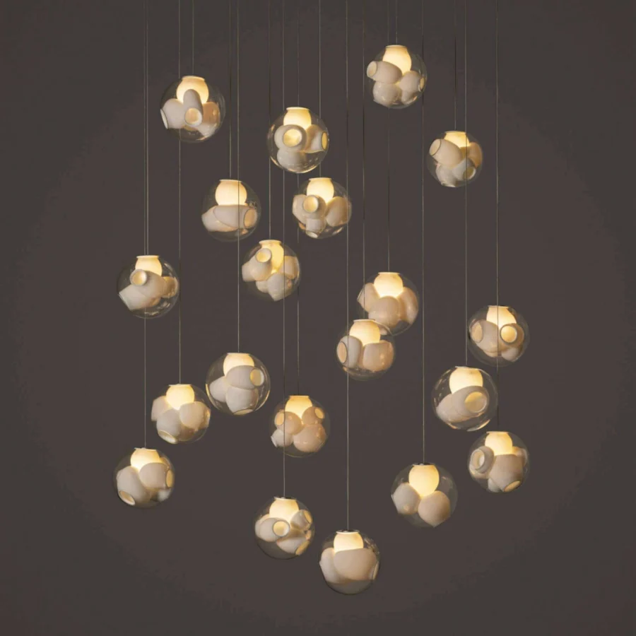 Distinguished Bocci 38V Suspension Lamp lighting with clustered hand-blown clear glass spheres and milk white interior lamp holder cavities