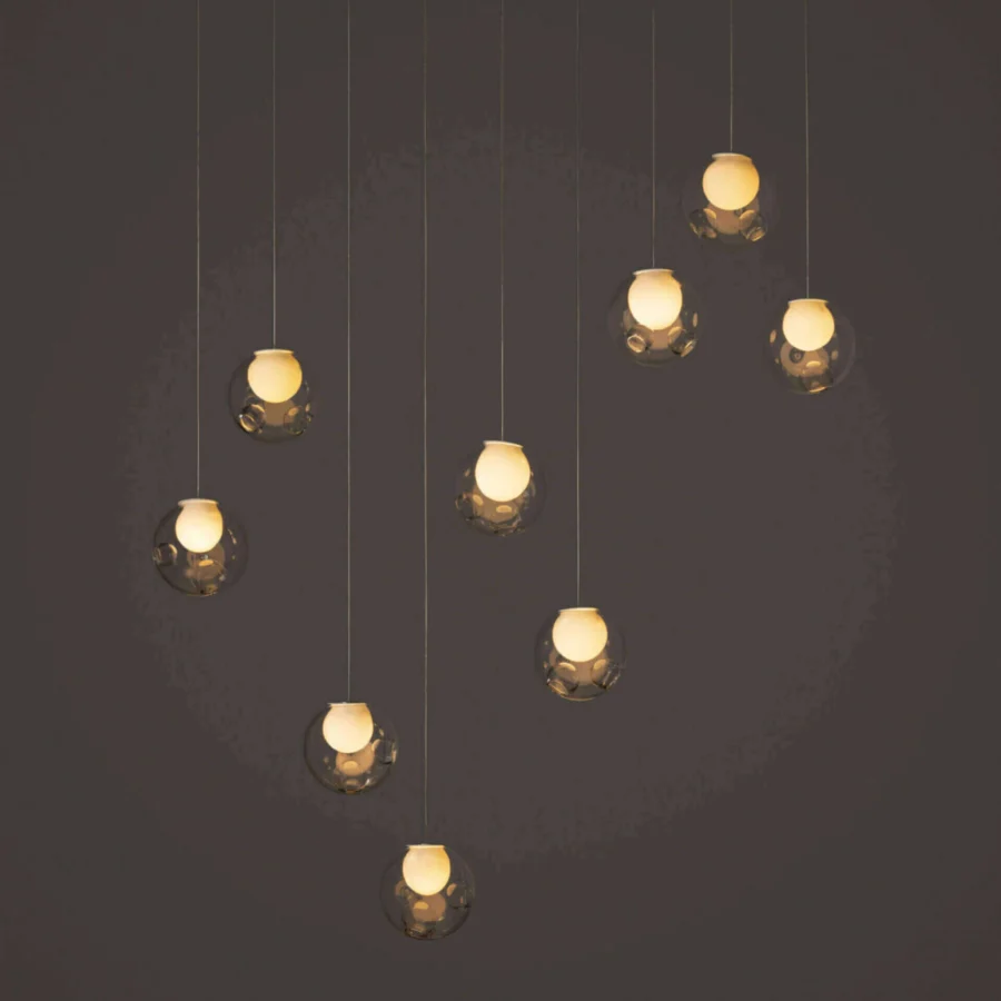 Distinguished Bocci 28 Linear suspension lamp crafted in clear glass spheres with milk white interiors and dark cords