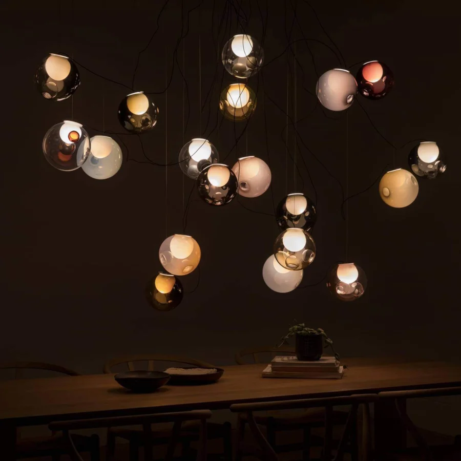Distinguished Bocci 28 sculptural cable suspension lamp with numerous clear glass spheres and milk white lamp holders within black cables