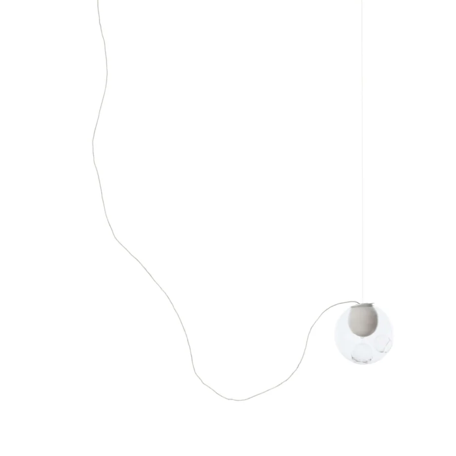 Superior Bocci 28 single sculptural lamp with clear glass exterior and milk white interior crafted with a flexible cable suspension system