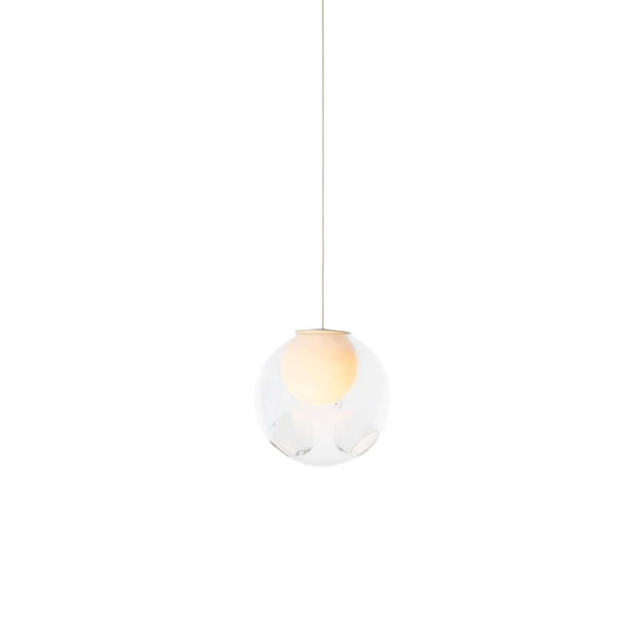 Exceptional Bocci 28 single suspension lamp crafted in clear glass with a milk white interior and satin metal stem