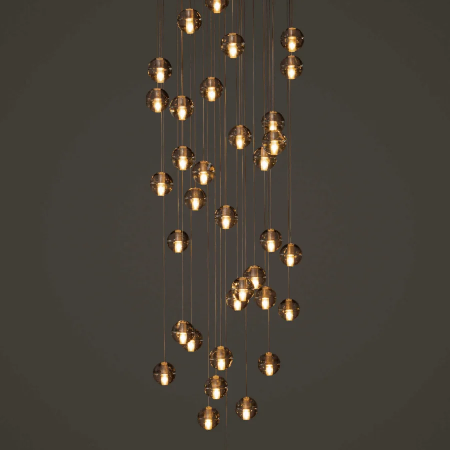 Superior Bocci 14 Random Suspension lamp with cascading articulated cast glass spheres and dark bronze suspension cords