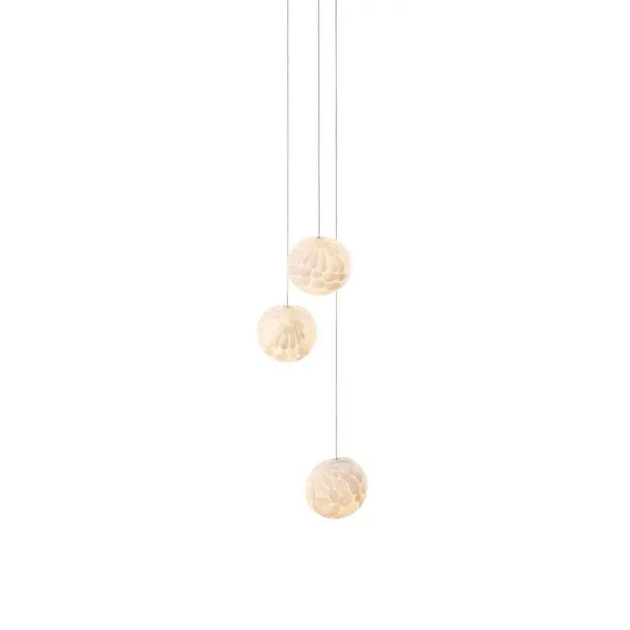 Captivating Bocci 118 Random Suspension Lamp with hand-blown glass pendants and warm creamy white coloration revealing intricate details