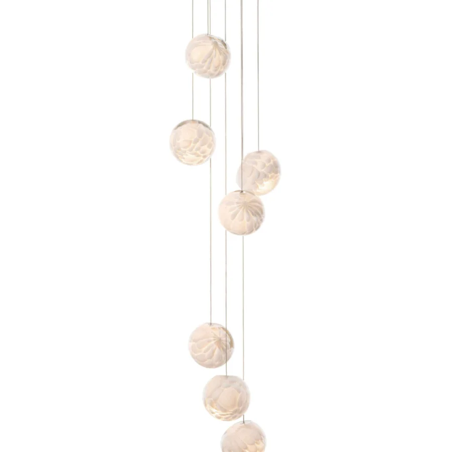 Superior Bocci 118 Random Suspension Lamp with translucent glass pendants exhibiting a pale creamy white hue and coaxial cable system
