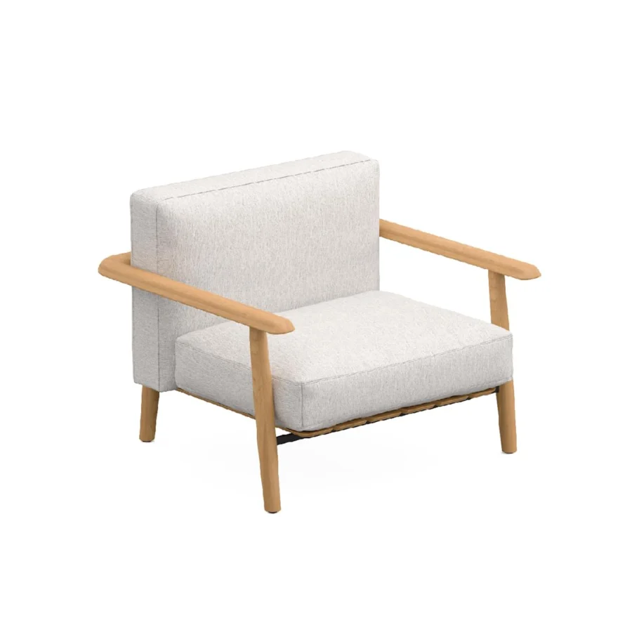 Sophisticated Royal Botania Mambo lounge chair with steel and teak wood built with plush light-colored textile upholstery
