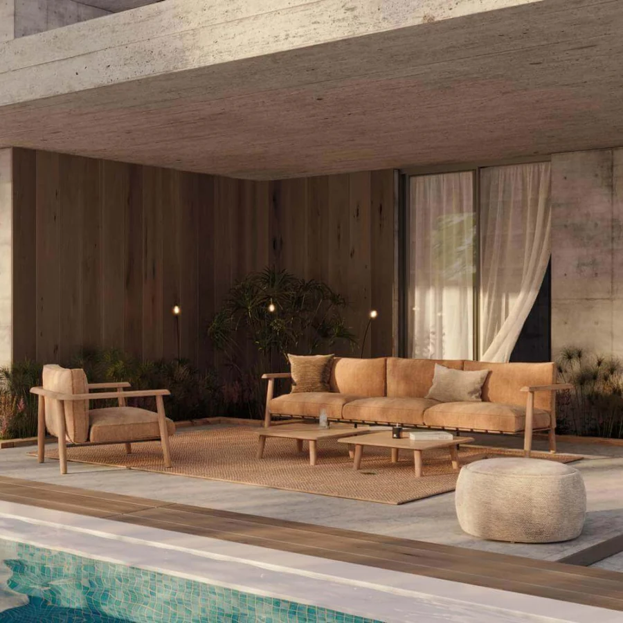 High-end Royal Botania Mambo Lounge coffee table in light brown natural wood with four teak legs for outdoor use.