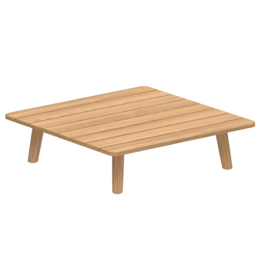 Luxury Royal Botania Mambo Lounge coffee table, wood with straight lines, finished in teak, supported by four cylindrical legs, ideal for outdoor lounge areas
