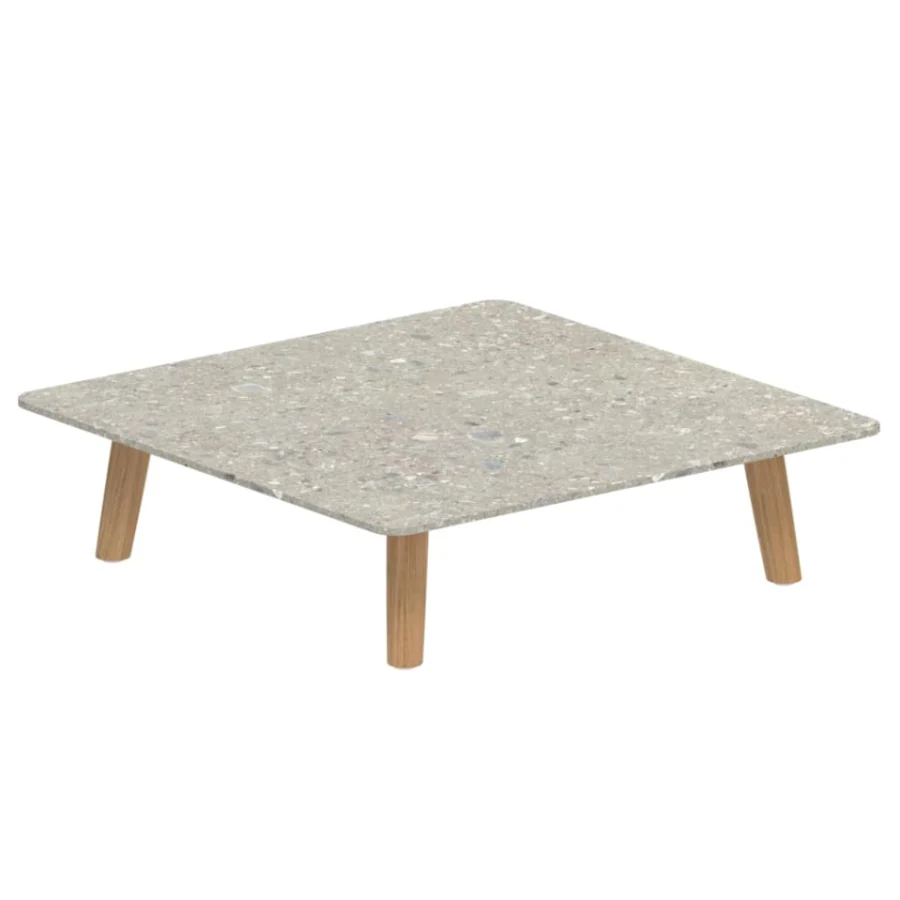 Luxury Royal Botania Mambo Lounge coffee table in rectangular form, with light gray ceramic top and natural wooden legs, matte finish.