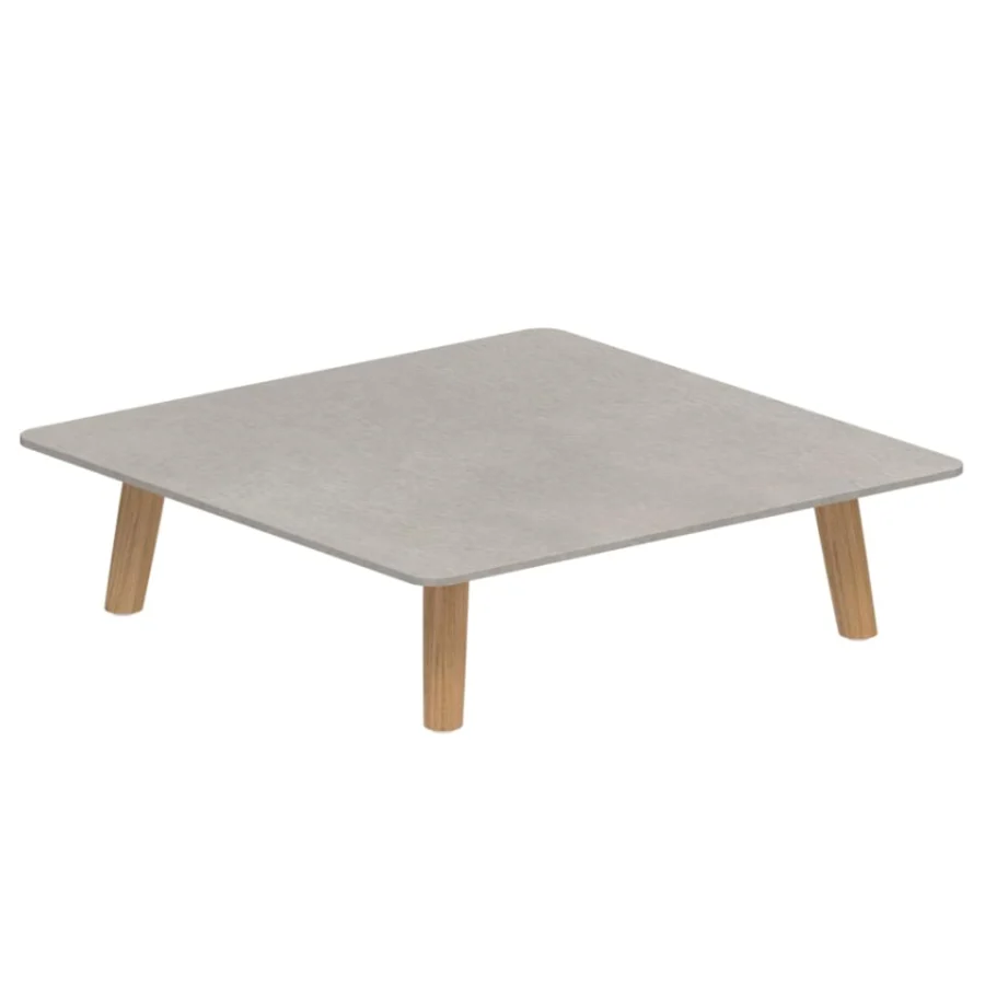 Exceptional Royal Botania Mambo lounge coffee table with light gray textured ceramic tabletop and natural teak wood legs