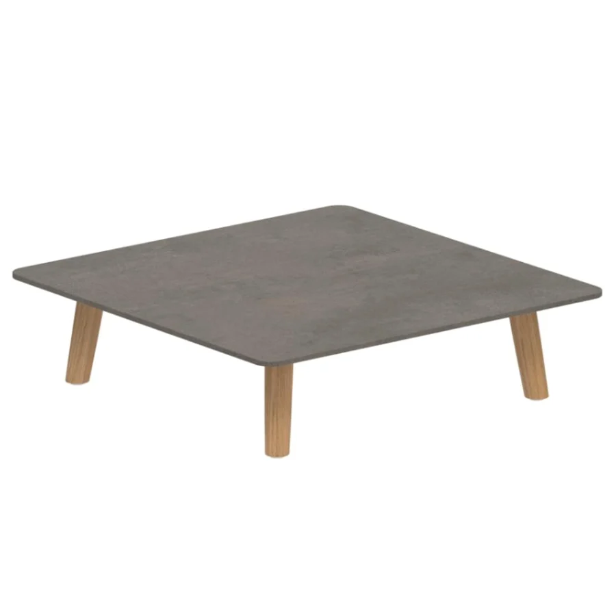 Exceptional Royal Botania Mambo lounge coffee table with dark gray matte tabletop and light brown teak wood legs