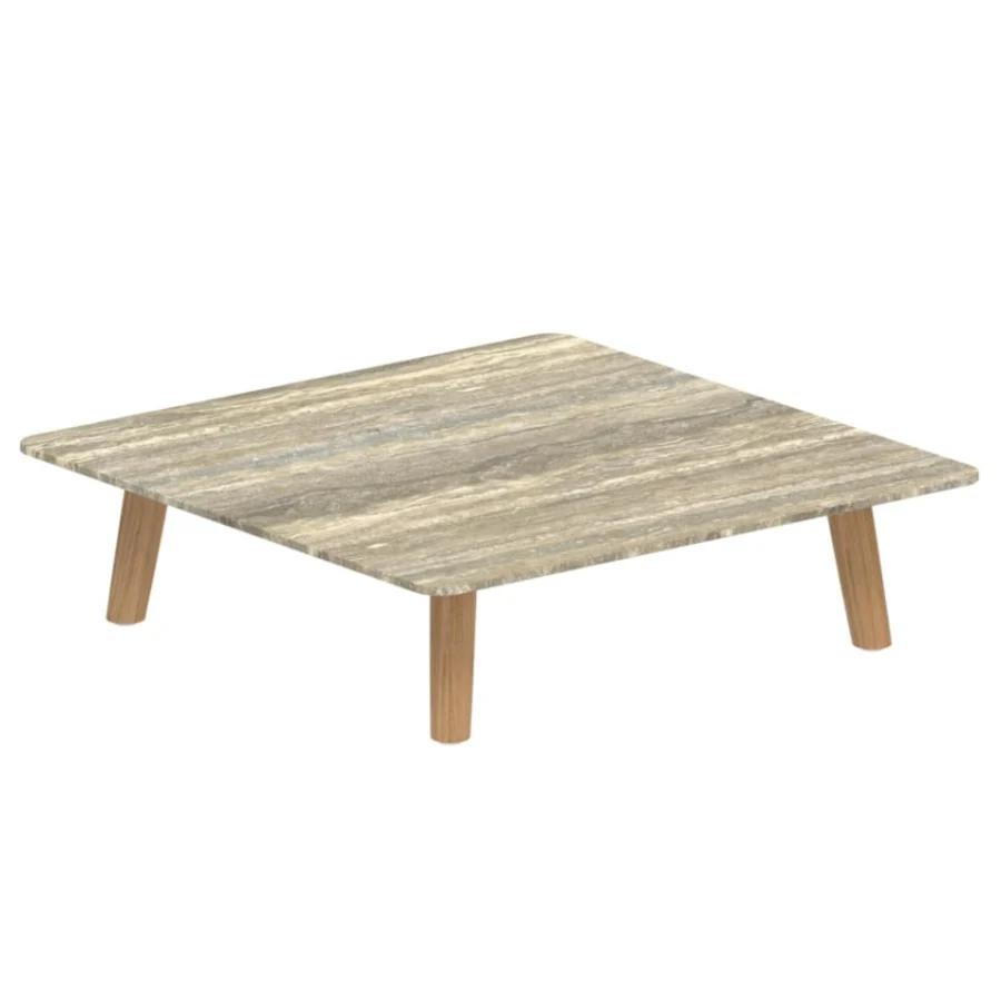 Comfortable Royal Botania Mambo Lounge coffee table in rectangular form, with softened corners, light wooden legs, and a matte finish showcasing linear streaks.
