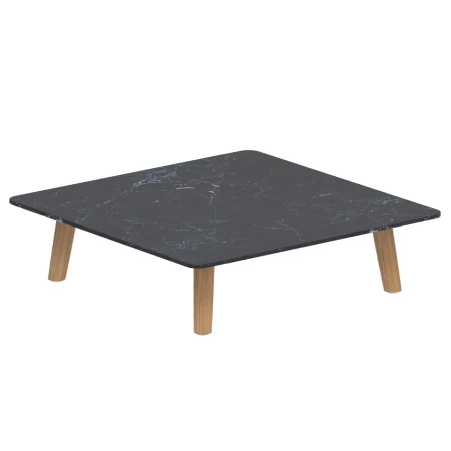 Luxury Royal Botania Mambo Lounge coffee table with a square shape, marbled top, and light wooden legs in a matte finish for outdoor use