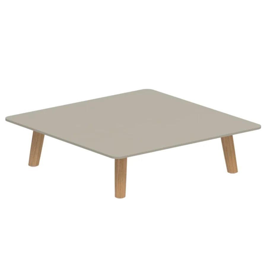 Luxury Royal Botania Mambo Lounge coffee table in rectangular shape with light gray tabletop and natural teak wood legs