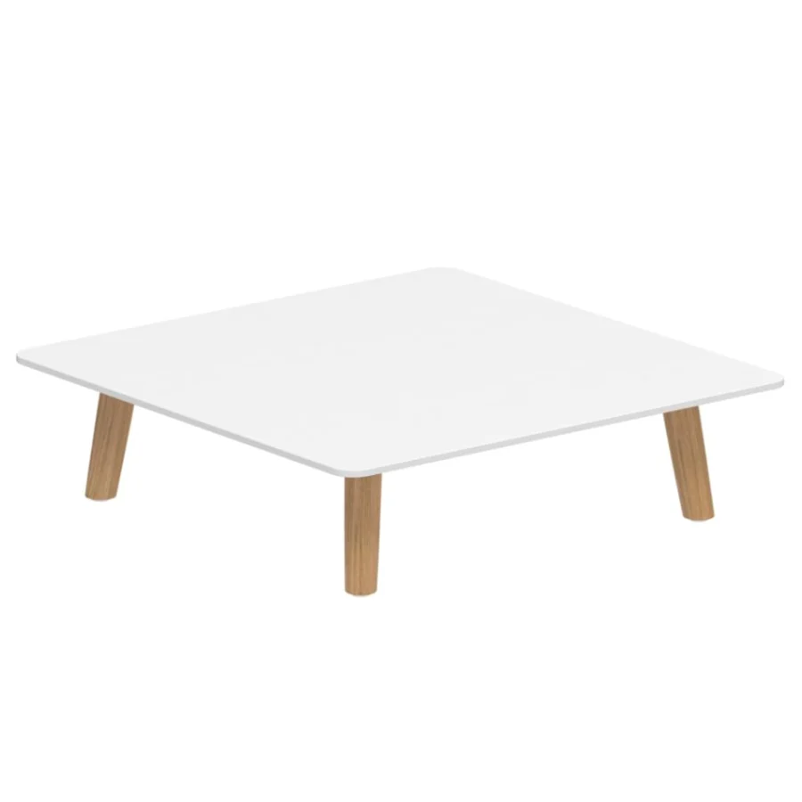 Luxury Royal Botania Mambo Lounge coffee table in white with wooden legs, a rectangular design crafted for outdoor settings.