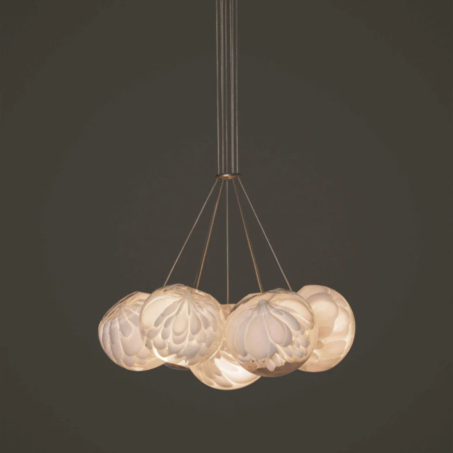 Distinguished Bocci 118 Cluster suspension lamp with hand-blown glass pendants and subtly textured surfaces diffusing light in warm off-white hues