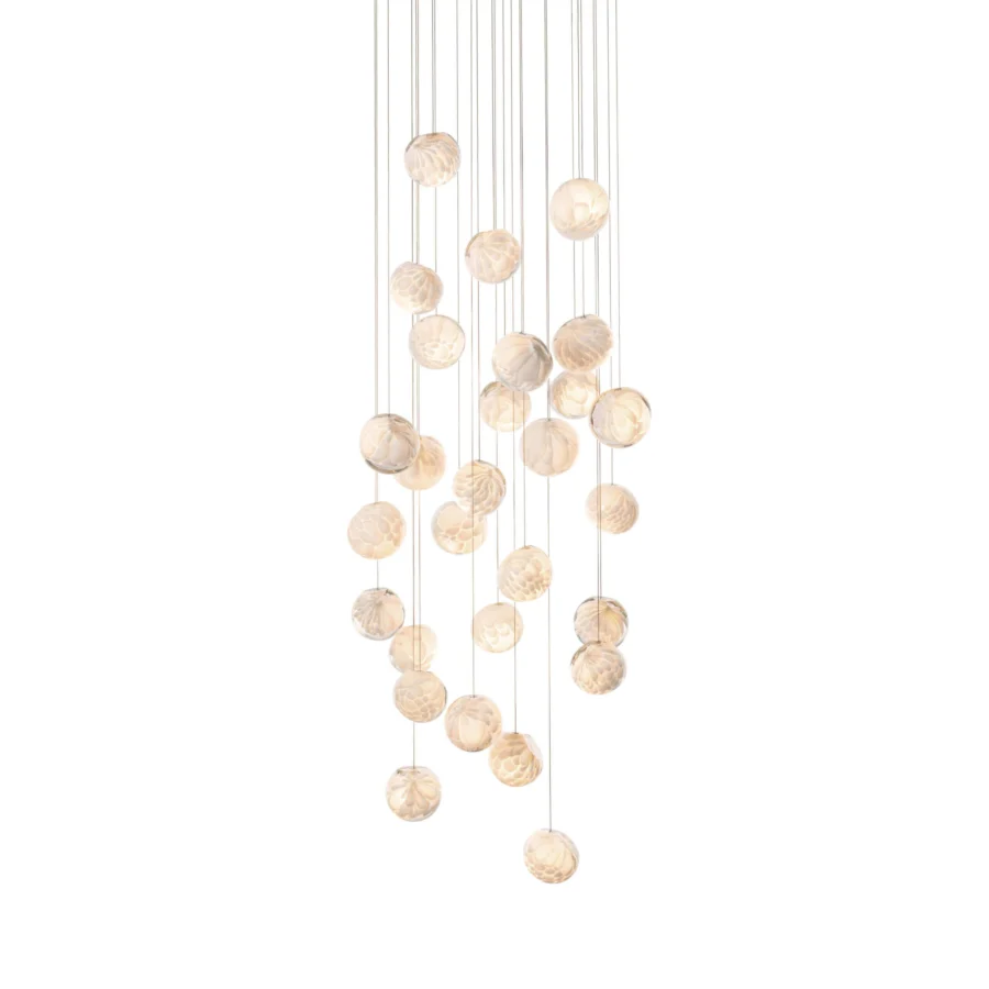 Exceptional Bocci 118 Random Suspension Lamp with translucent glass pendants and satin-finish metal wires in a pale amber glow