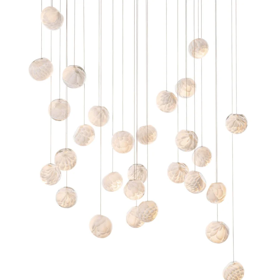 Distinguished Bocci 118 Random suspension lamp with delicate glass pendants and white powder-coated canopy revealing internal complexities