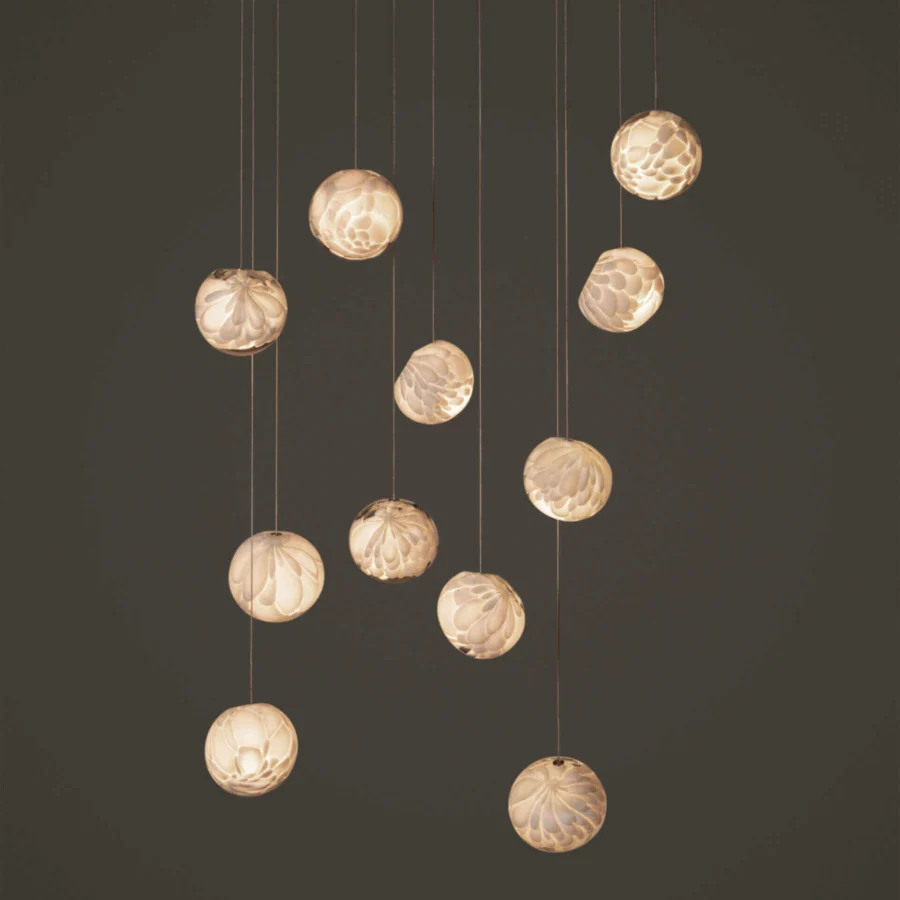 Elegant Bocci 118 Random Suspension Lamp with eleven hand-blown glass pendants and white-powder coated canopy