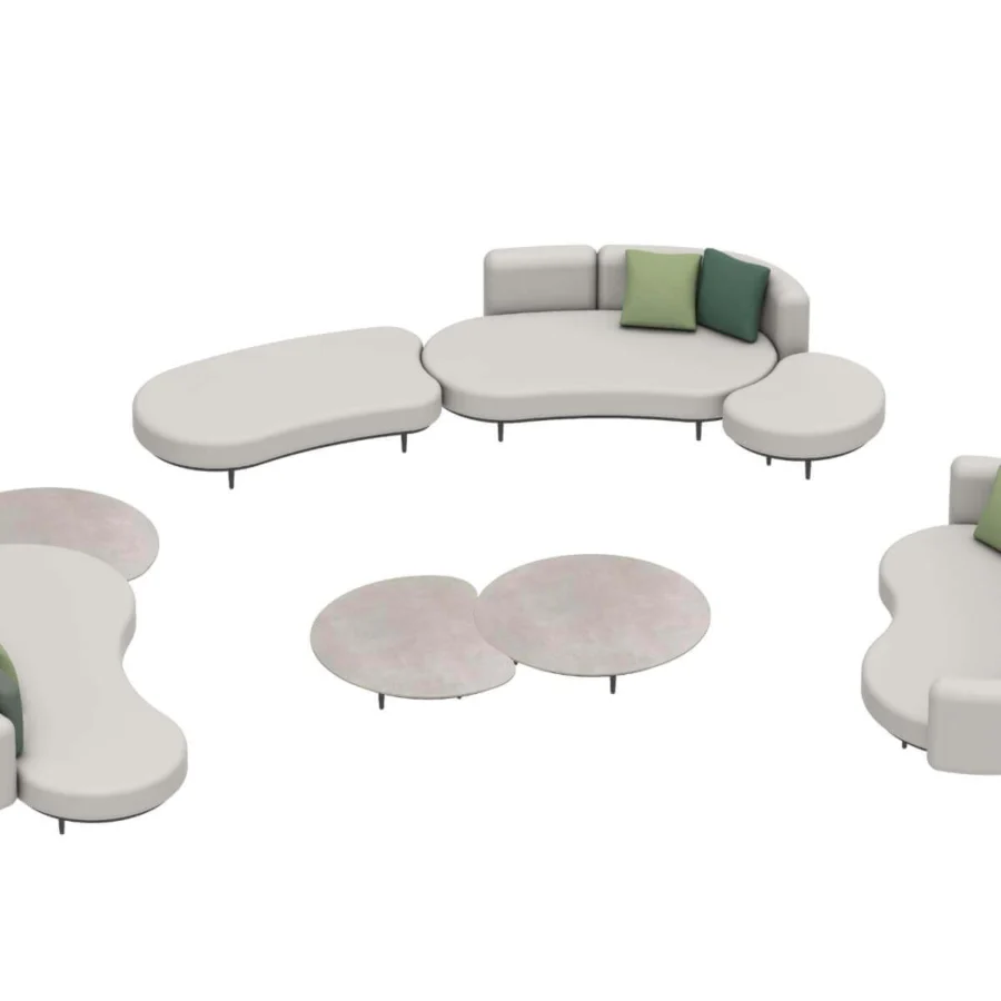 Exceptional Royal Botania Organix Lounge sectional with light gray textile and aluminum base offering kidney shapes for relaxed layouts