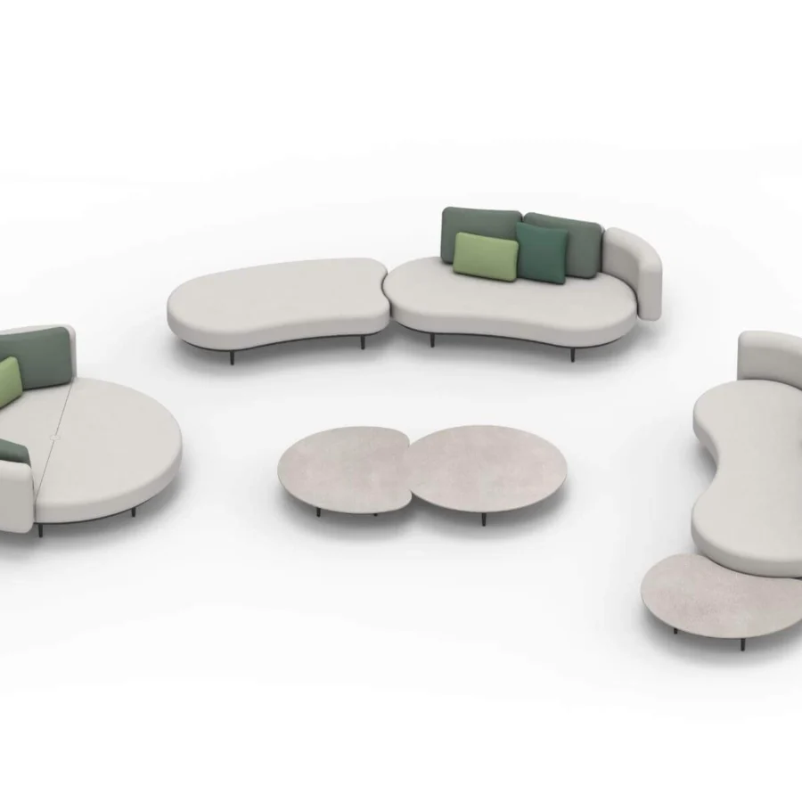 Elegant Royal Botania Organix Lounge sectional with matte off-white textile upholstery and contrasting green cushions built with slim legs