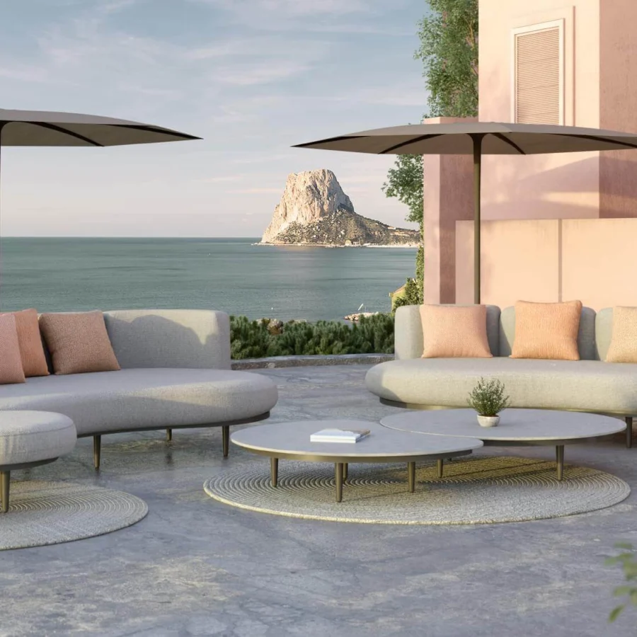 Avant-garde Royal Botania Palma umbrella table with light gray tabletop and dark powder-coated aluminum legs
