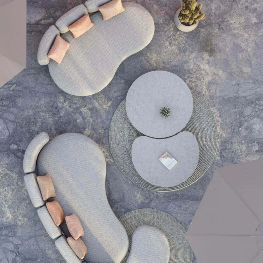 Exceptional Royal Botania Organix lounge coffee table with light gray ceramic surface and tapered aluminum base in matte finish