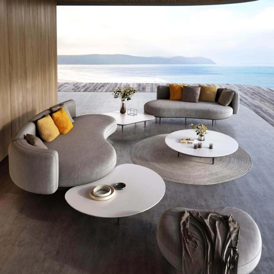 Superior Royal Botania Organix lounge coffee table with curved ceramic top and shaped aluminum base in matte white finish