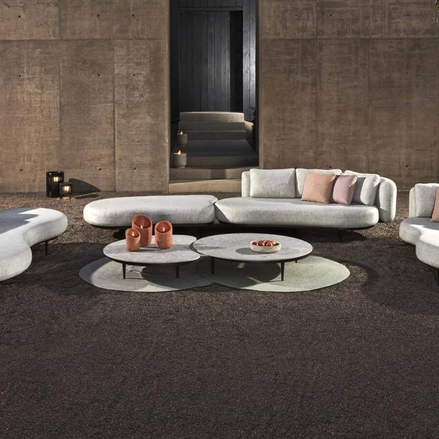 Innovative Royal Botania Ropy table lamp with coated aluminum frame and desert polyolefin rope lampshade with sand finish