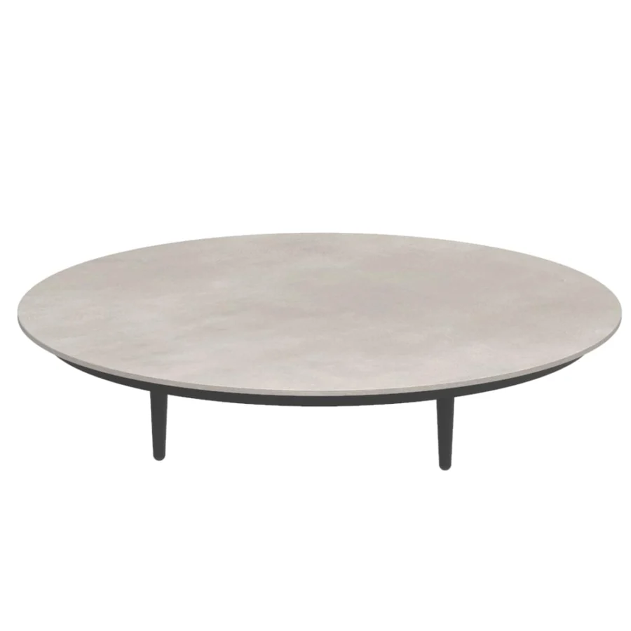 Superior Royal Botania Organix lounge coffee table with uniquely shaped aluminum base and light gray ceramic top in dark matte finish