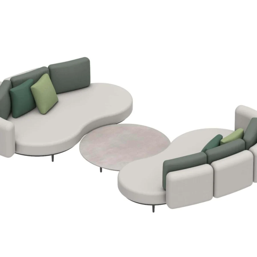 Distinguished Royal Botania Organix lounge sofa with kidney-shaped seat and light gray aluminum base, complemented by varied green cushions