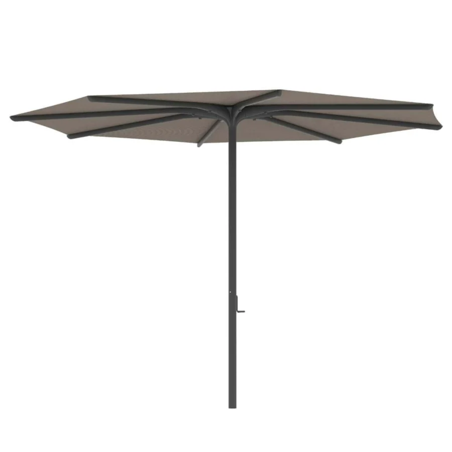 Superior Royal Botania Bloom umbrella crafted with light brown textile, aluminum ribs and a matte dark gray stainless steel pole