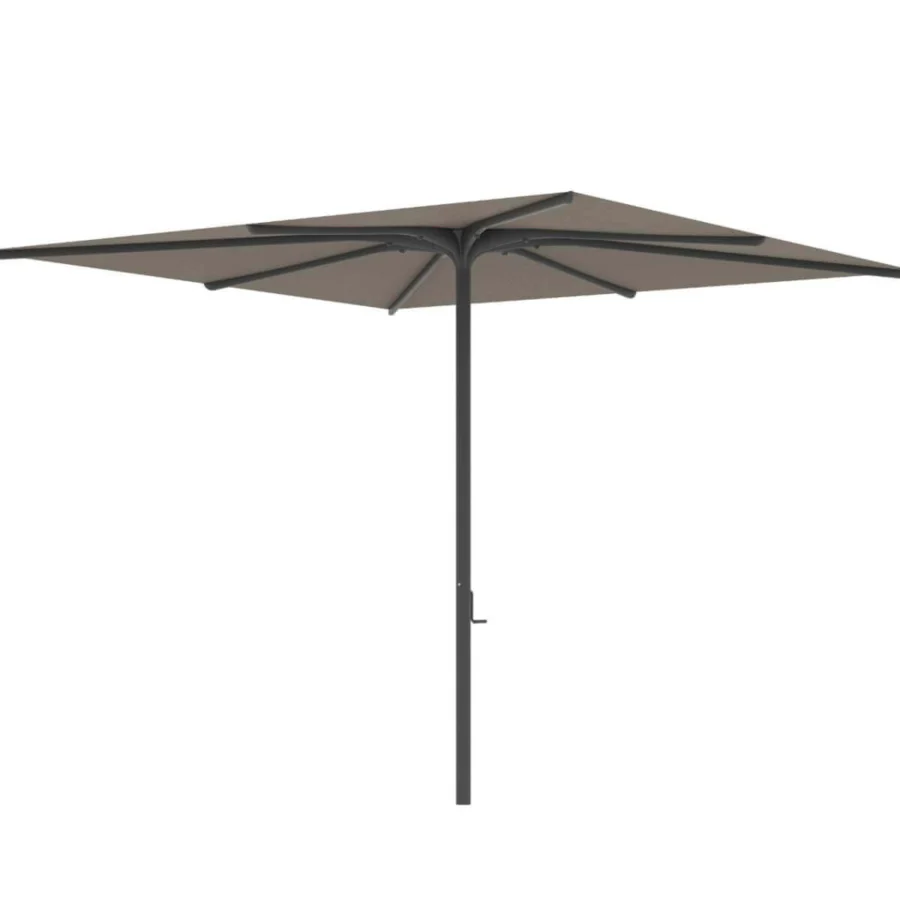 Exclusive Royal Botania Bloom umbrella with a muted grayish-brown textile canopy and stainless steel pole, exhibiting a matte finish
