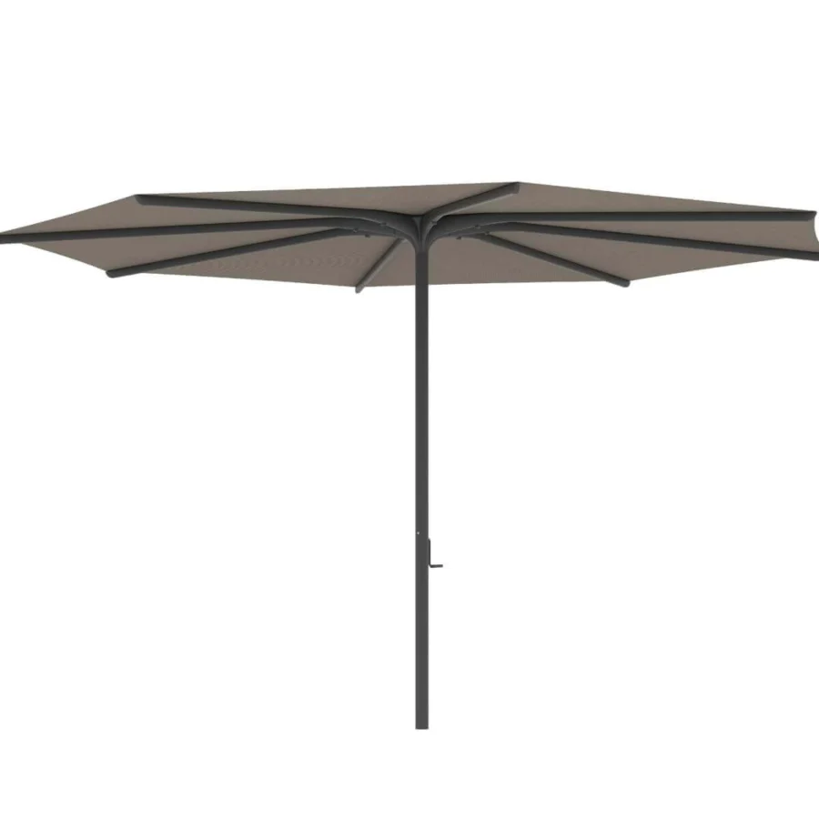 Elegant Royal Botania Bloom umbrella with a light brown fabric canopy and dark-toned metal frame exhibiting geometric design