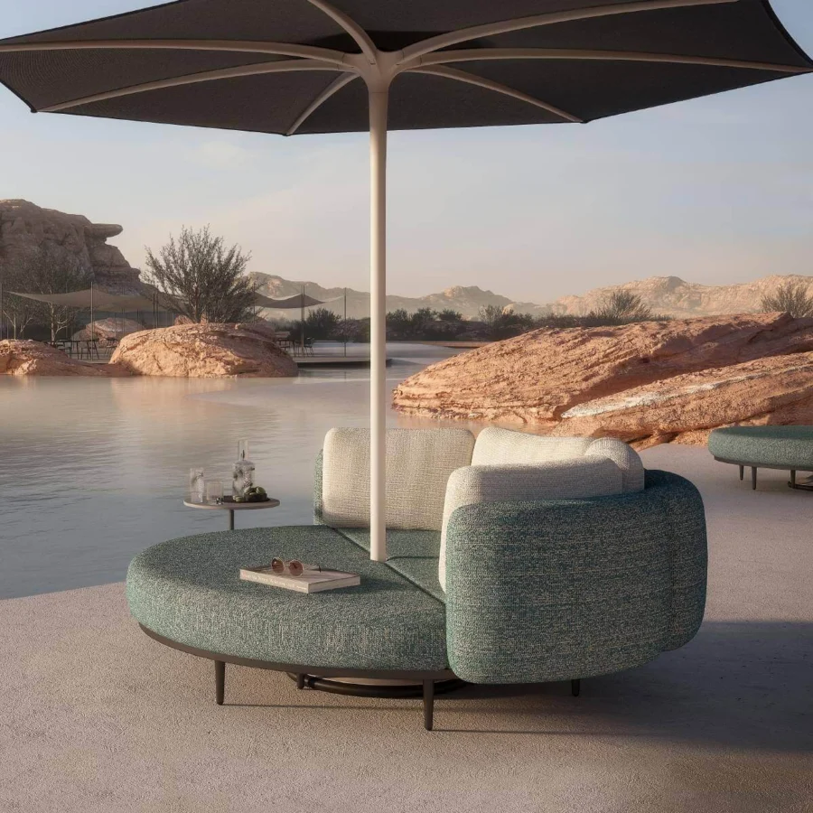 Exceptional Royal Botania Organix lounge lounger with dark metal base and muted teal woven cushions offers a contemporary design