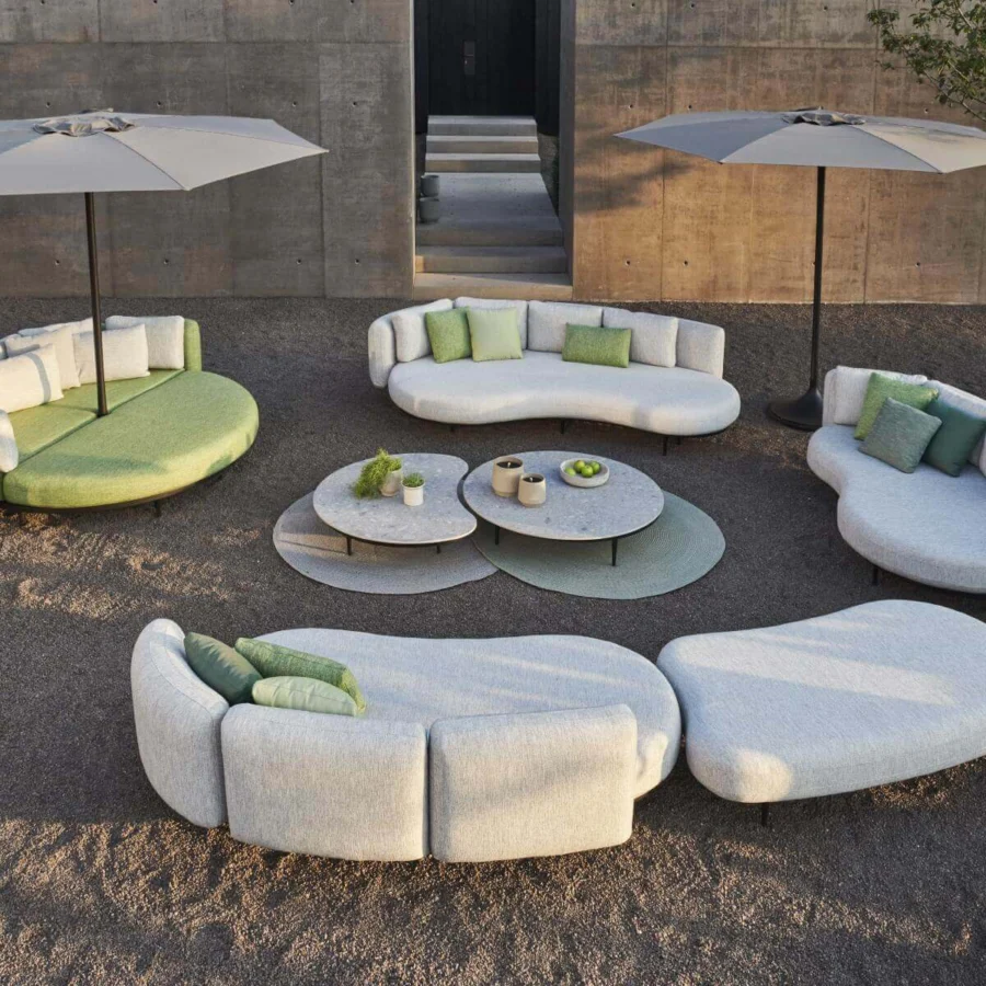 Superior Royal Botania Organix Lounge lounger in light gray textile with a textured matte finish and soft light green cushions
