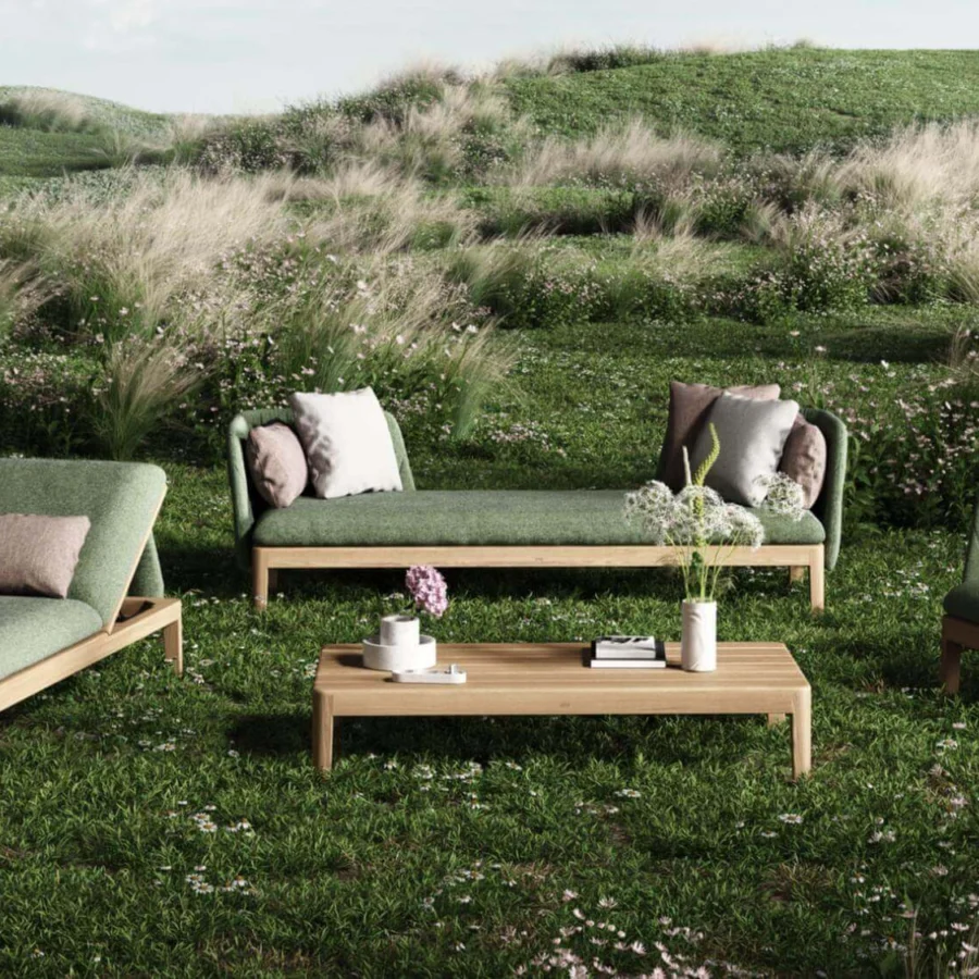 Sophisticated Royal Botania Calypso sectional with teak base, stainless steel backrests and green textile upholstery