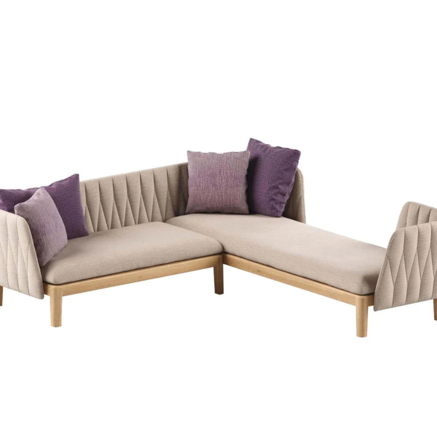 Distinguished Royal Botania Calypso sectional with a teak base, detachable stainless steel backrests, light beige cushions and decorative purple pillows