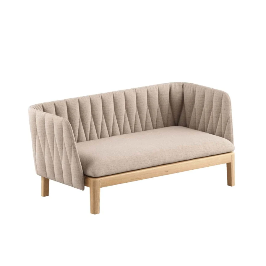 Distinguished Royal Botania Calypso lounge sofa with light-toned teak base and beige textile upholstery exhibiting vertically channeled detailing